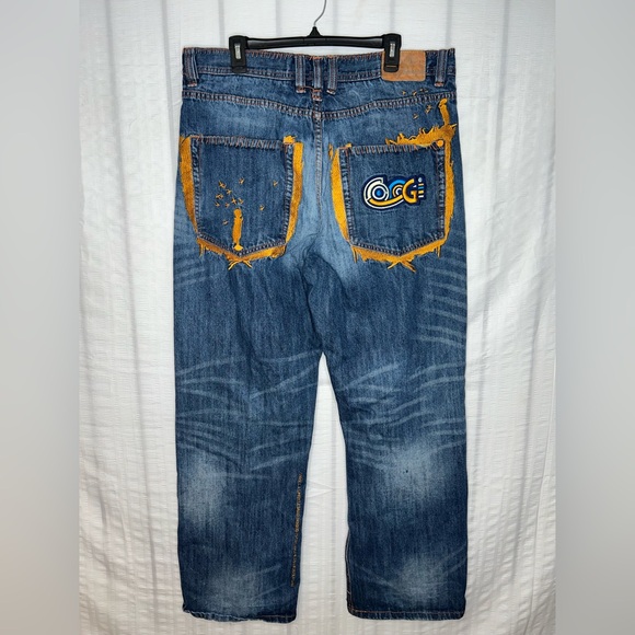 Y2K Coogi Kid Birds Embroidered Hold Paint Men's Wide Leg Hip Hop Jeans 38x34